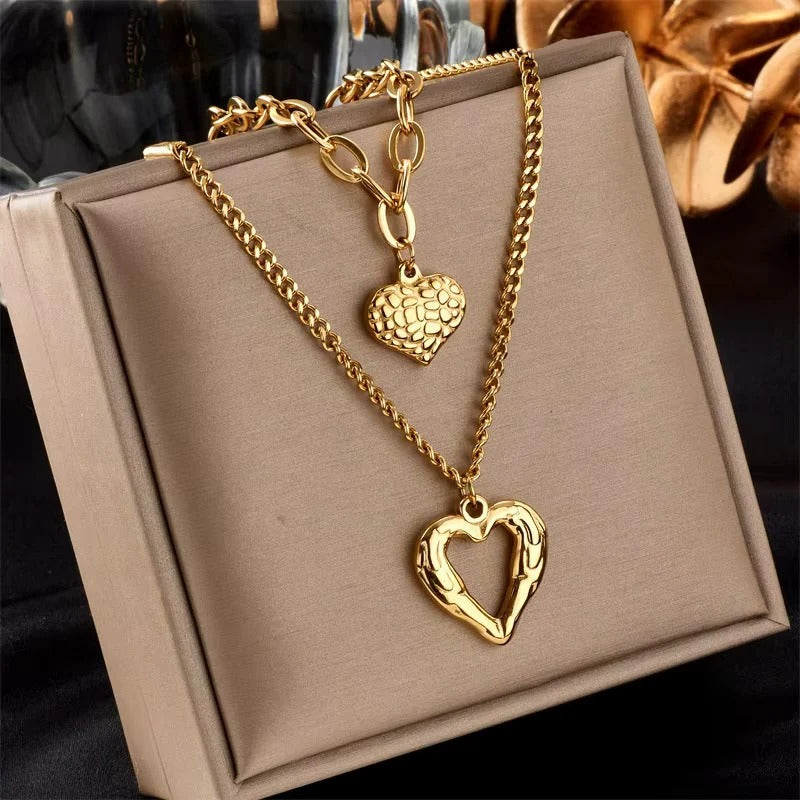 Women's Double Layer Heart Charm Choker Necklace with Cuban Link Chain - Stylish Jewelry for Any Occasion