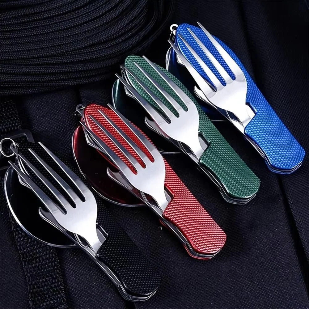 4-in-1 Reusable Compact Utensil Set for Camping - Fork, Spoon, Knife & Bottle Opener - Lightweight & Portable Outdoor Dining Gear