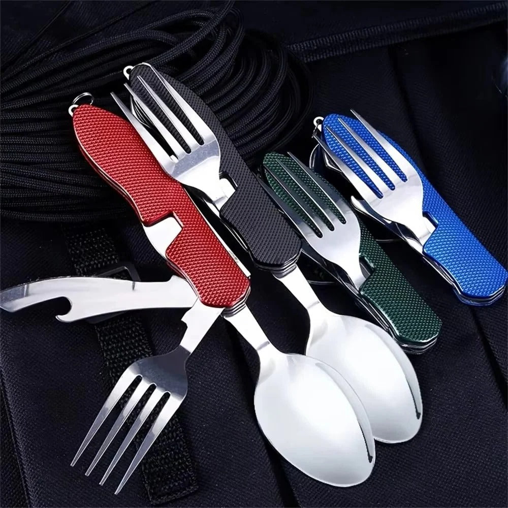 4-in-1 Reusable Compact Utensil Set for Camping - Fork, Spoon, Knife & Bottle Opener - Lightweight & Portable Outdoor Dining Gear