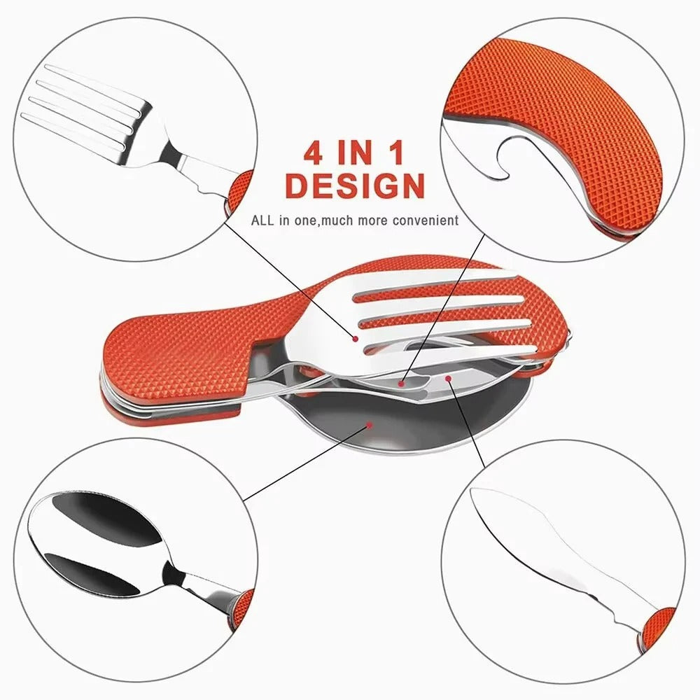 4-in-1 Reusable Compact Utensil Set for Camping - Fork, Spoon, Knife & Bottle Opener - Lightweight & Portable Outdoor Dining Gear