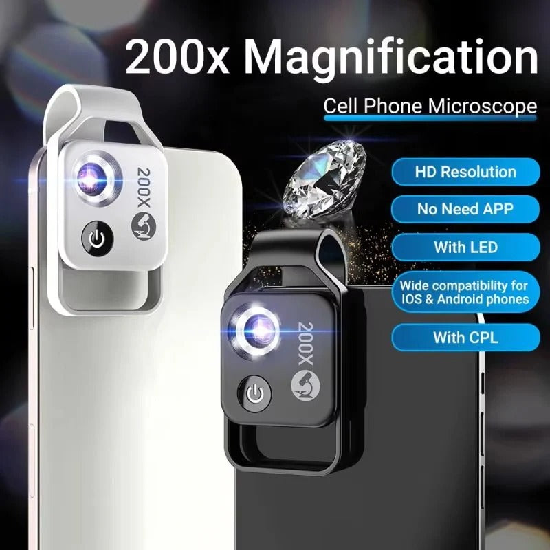 200X Portable Smartphone Microscope Lens with Universal Clip - High Magnification for Easy Mobile Microscopy