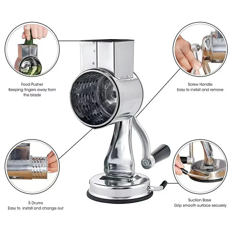 Versatile Rotary Food Grater with 5 Stainless Steel Blades - Effortless Grating, Slicing, and Shredding for Vegetables, Cheese, and More