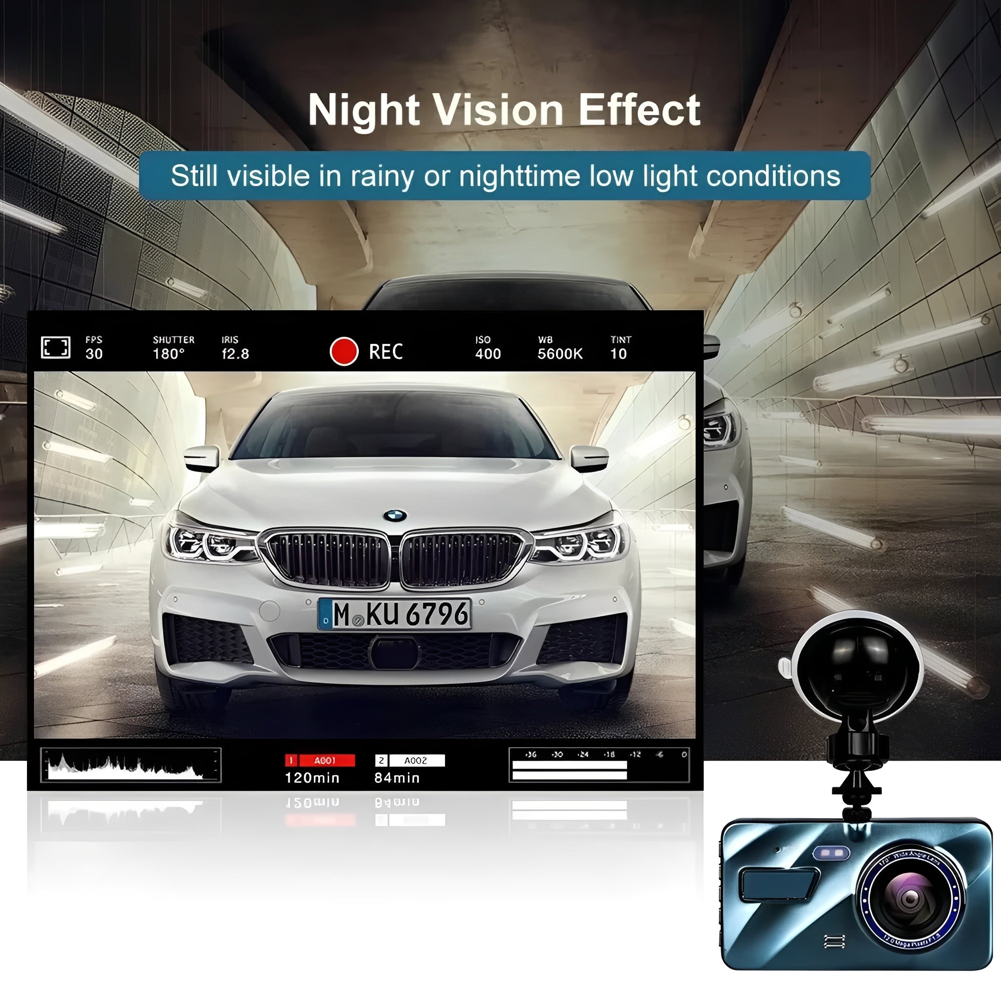 Dual Lens Dash Cam with 4-Inch Display - Front and Rear HD Recording, Night Vision, G-Sensor, Loop Recording