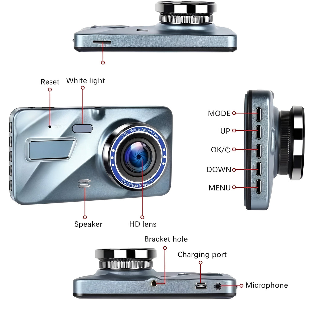 Dual Lens Dash Cam with 4-Inch Display - Front and Rear HD Recording, Night Vision, G-Sensor, Loop Recording
