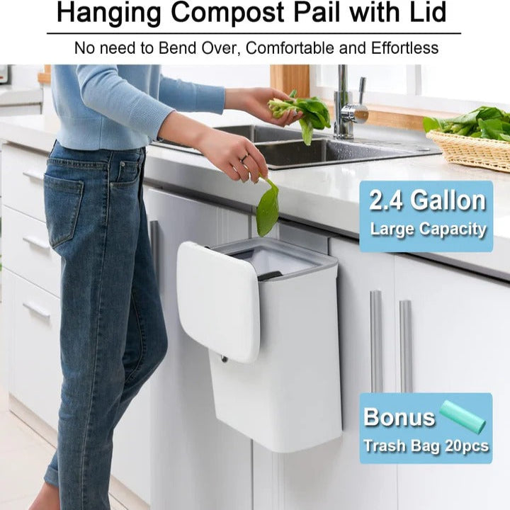 Plastic Kitchen Compost Bin with Over-Door Hook & Adhesive Mount - Eco-Friendly Waste Solution