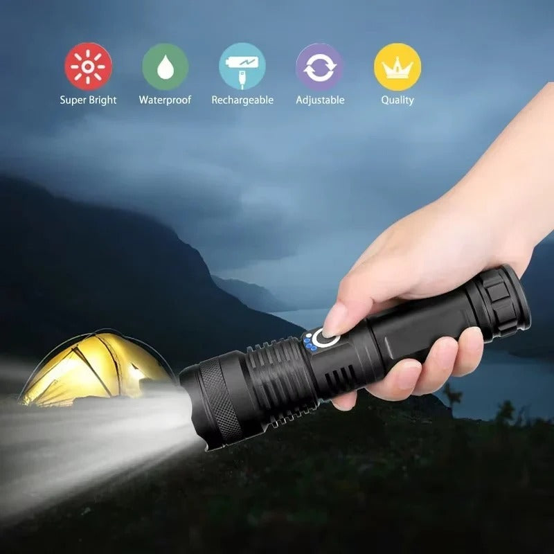 USB Rechargeable LED Flashlight with Adjustable Beam - High Lumens, Compact & Durable Design