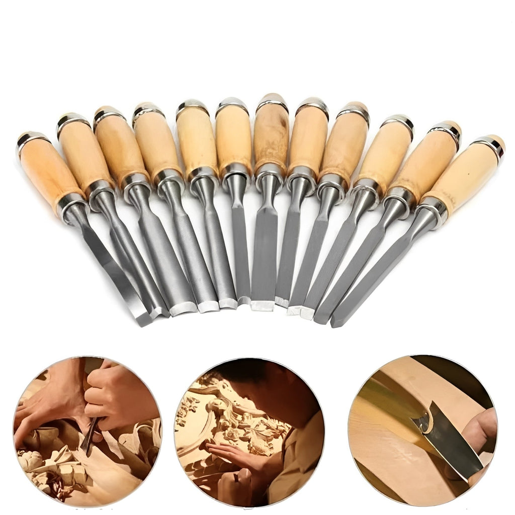 12-Piece Wood Carving Tool Set - Assorted Knives and Chisels for Precision Crafting and Sculpting