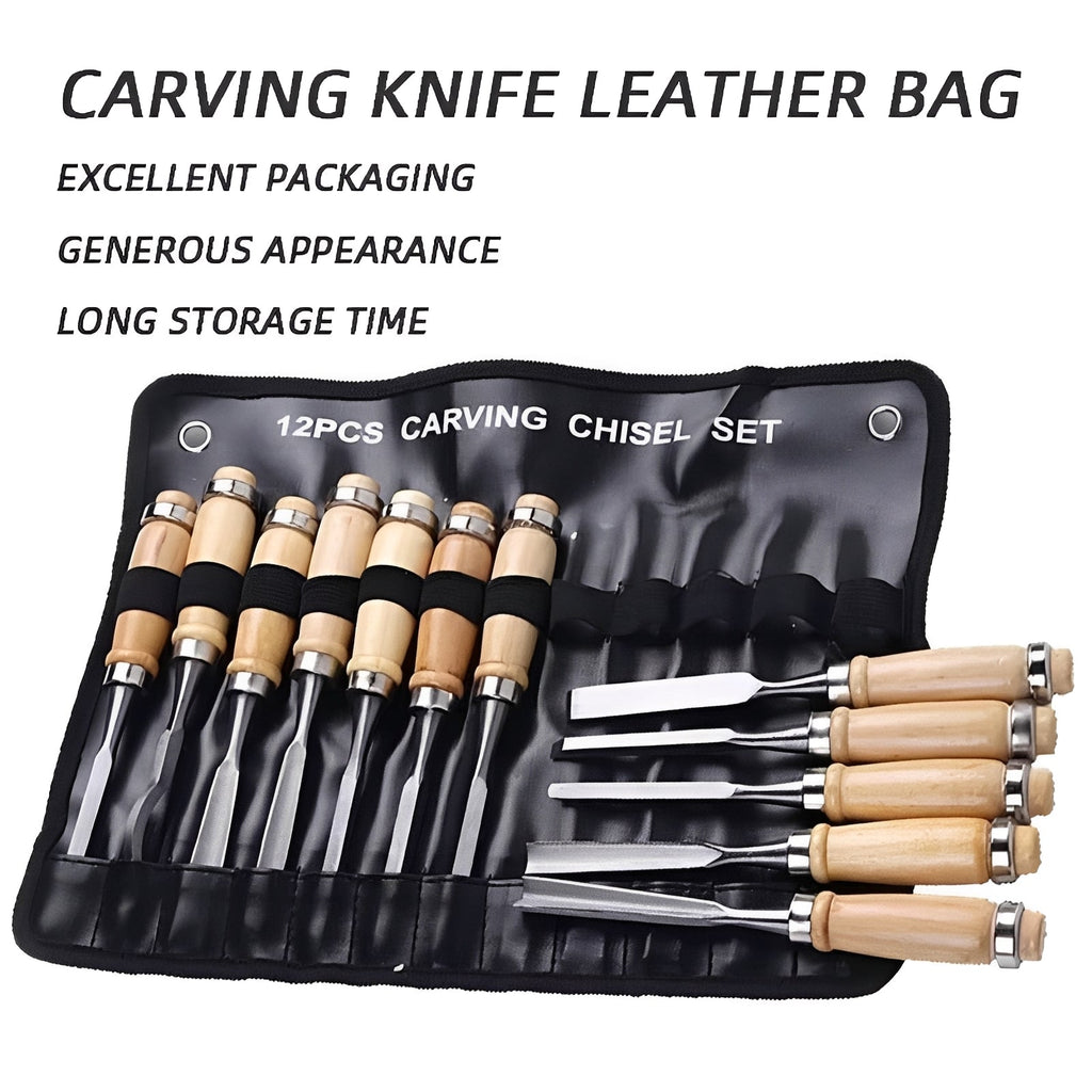 12-Piece Wood Carving Tool Set - Assorted Knives and Chisels for Precision Crafting and Sculpting