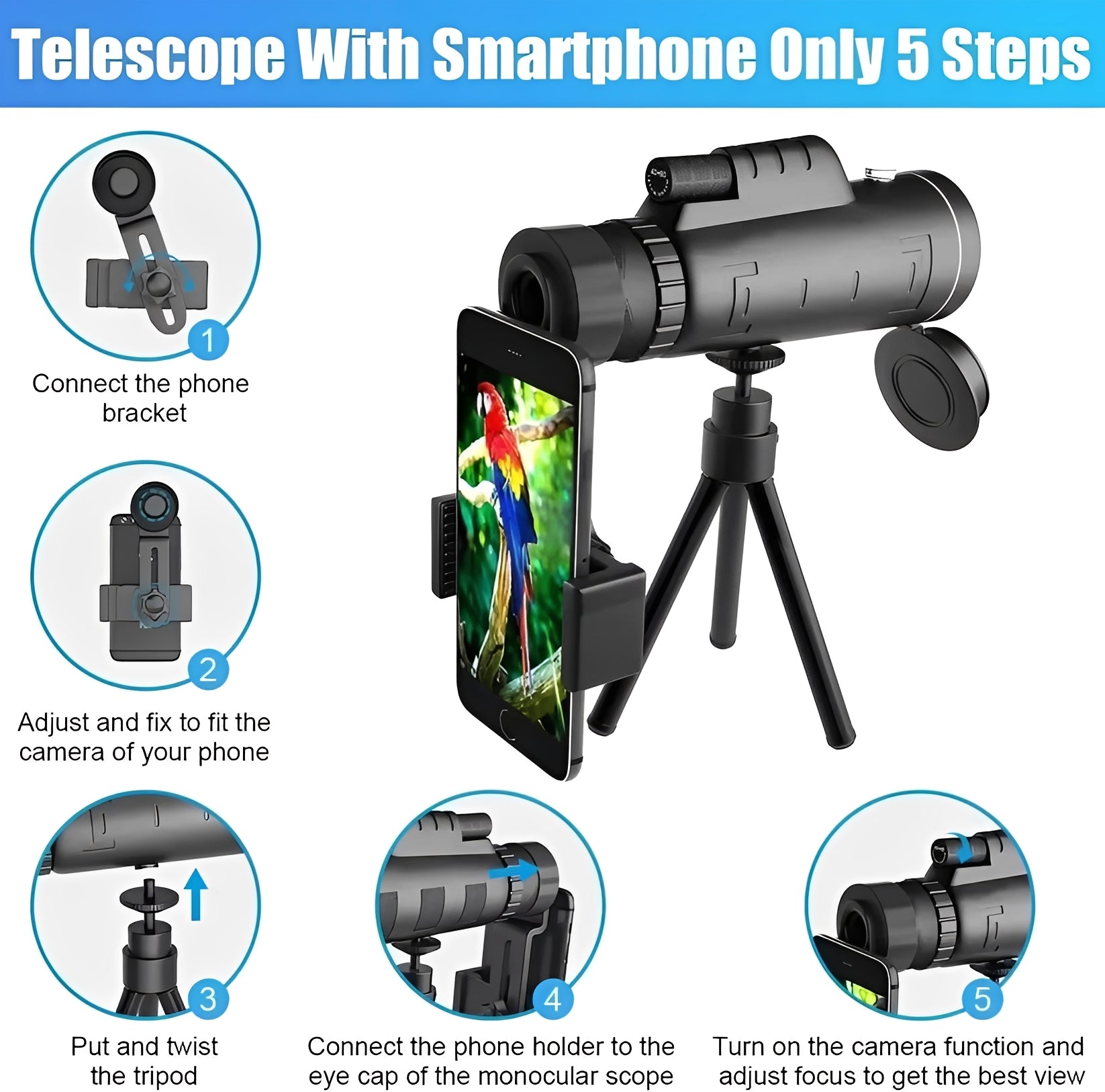 High-Power 40x60 Portable Monocular Telescope with Smartphone Adapter & Adjustable Tripod - Perfect for Outdoor Adventures