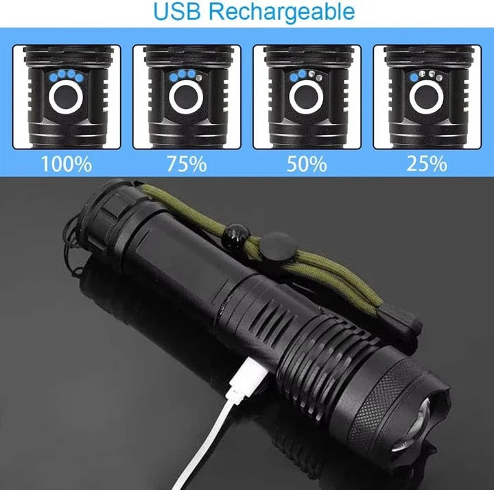 Rechargeable LED Flashlight with Adjustable Beam - High Lumens, Waterproof, Compact Design for Outdoor & Emergency Use