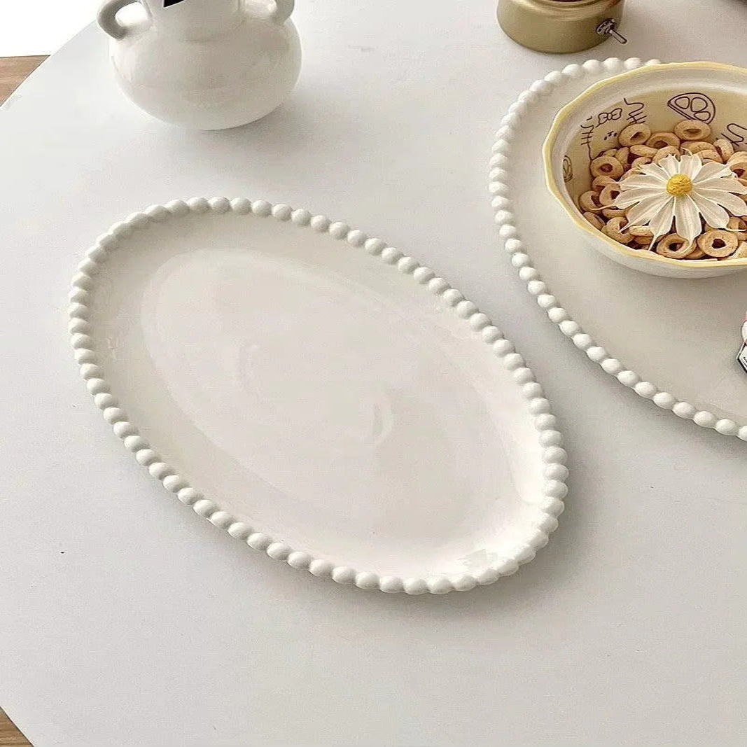 Elegant Ceramic Dinnerware Set with Pearl-Style Beaded Rim - Durable & Stylish Tableware for Any Occasion