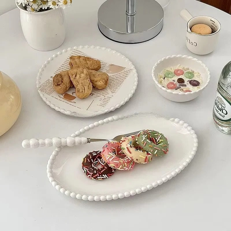 Elegant Ceramic Dinnerware Set with Pearl-Style Beaded Rim - Durable & Stylish Tableware for Any Occasion