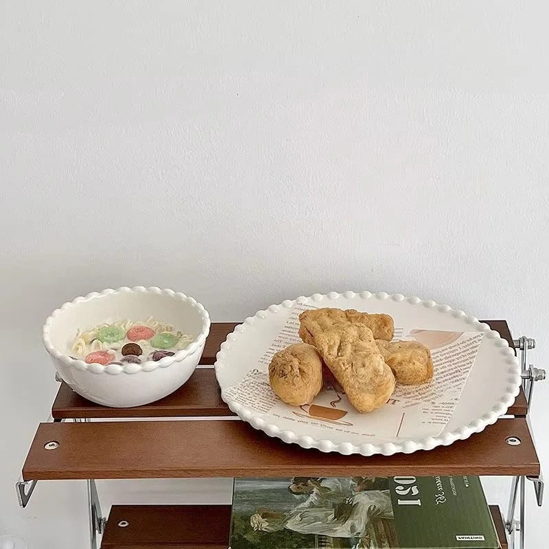 Elegant Ceramic Dinnerware Set with Pearl-Style Beaded Rim - Durable & Stylish Tableware for Any Occasion