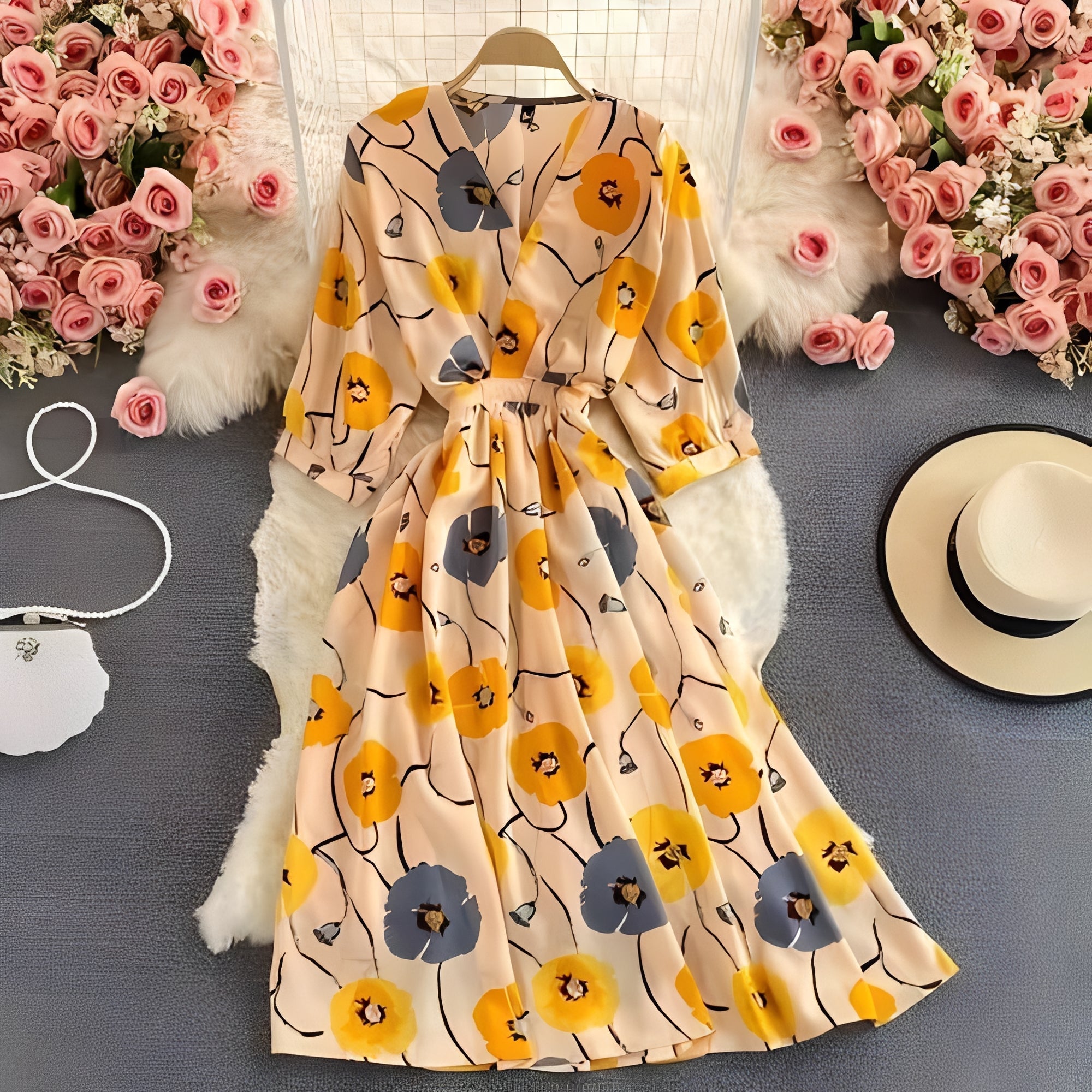 Women's Floral Chiffon Summer Dress - V-Neck, Puff Sleeves, Lightweight & Breathable