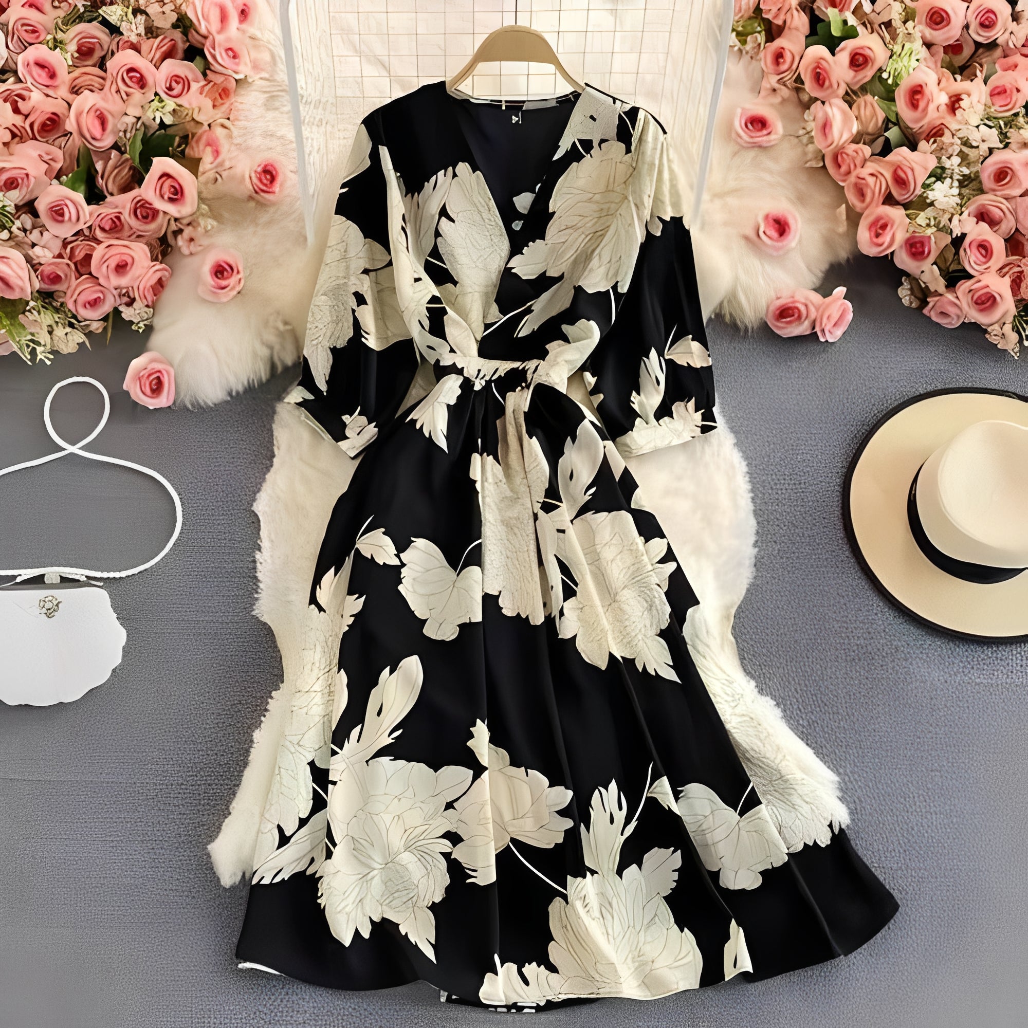 Women's Floral Chiffon Summer Dress - V-Neck, Puff Sleeves, Lightweight & Breathable