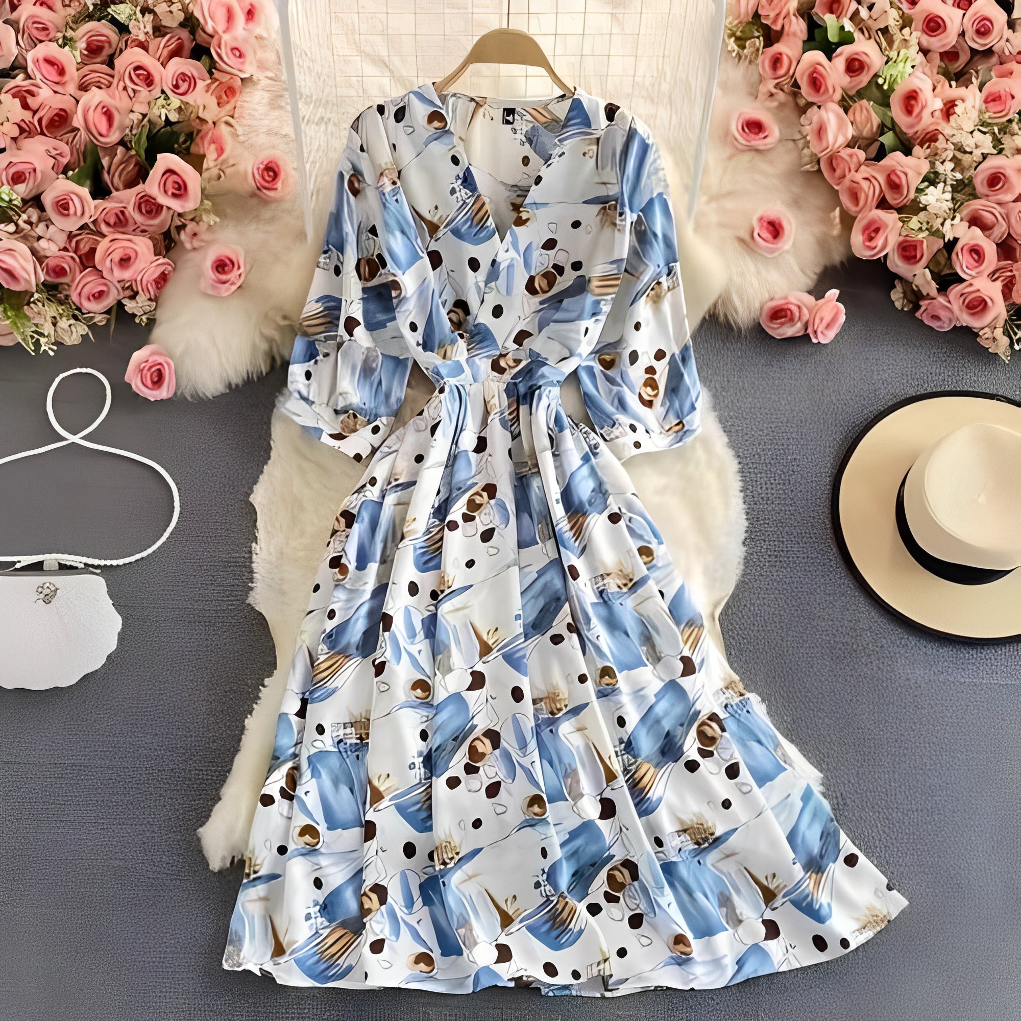 Women's Floral Chiffon Summer Dress - V-Neck, Puff Sleeves, Lightweight & Breathable
