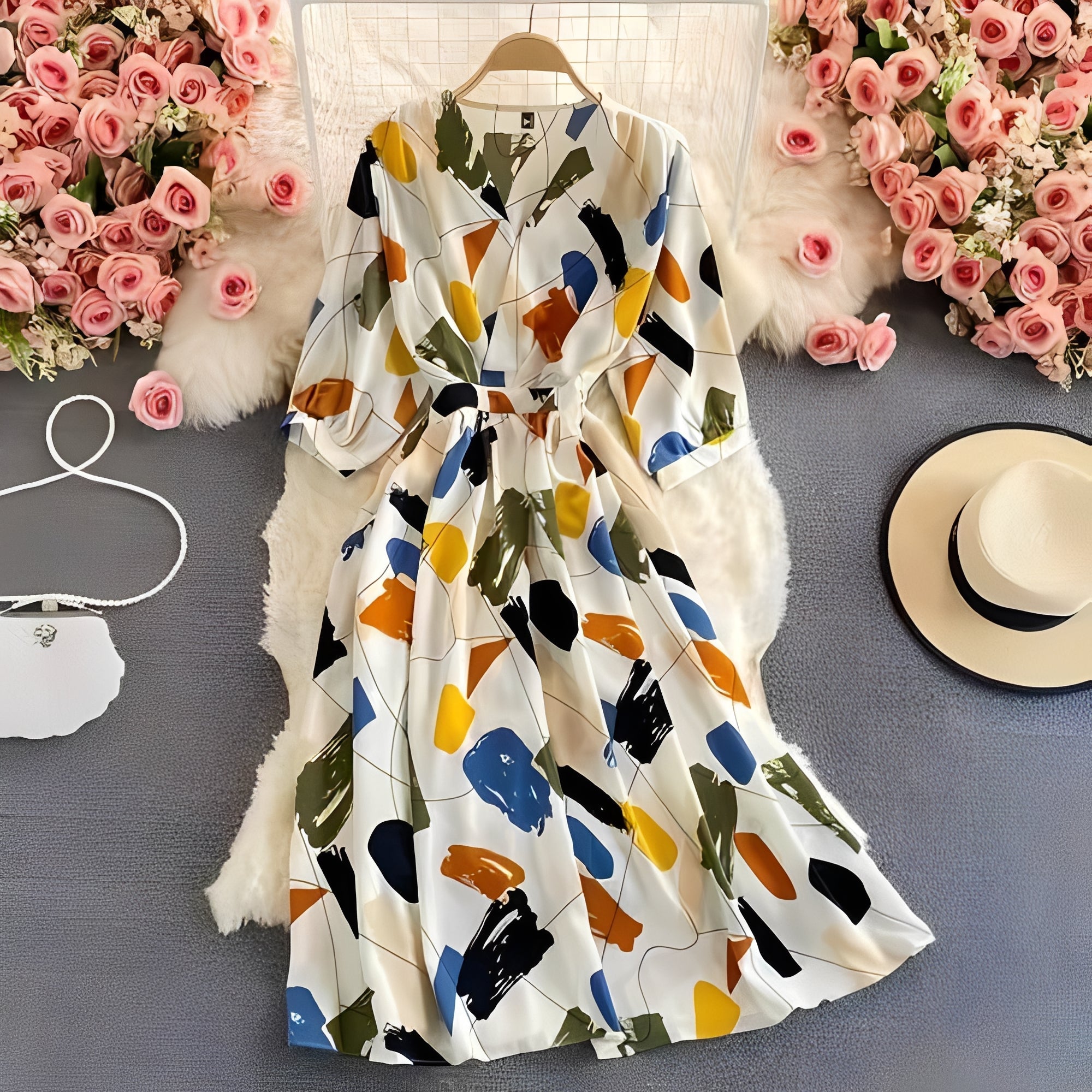 Women's Floral Chiffon Summer Dress - V-Neck, Puff Sleeves, Lightweight & Breathable