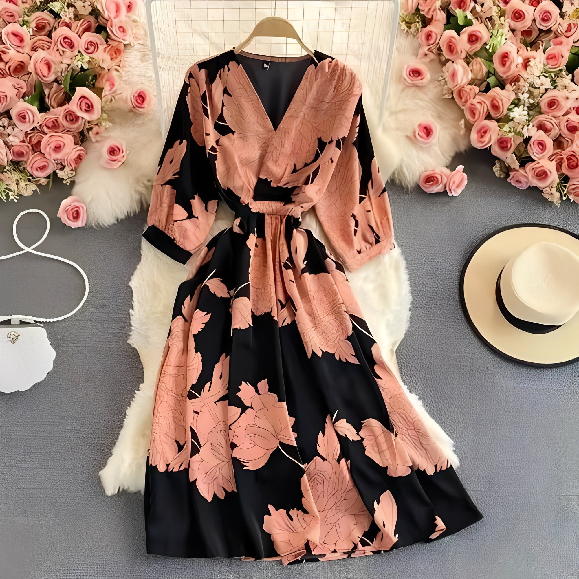 Women's Floral Chiffon Summer Dress - V-Neck, Puff Sleeves, Lightweight & Breathable