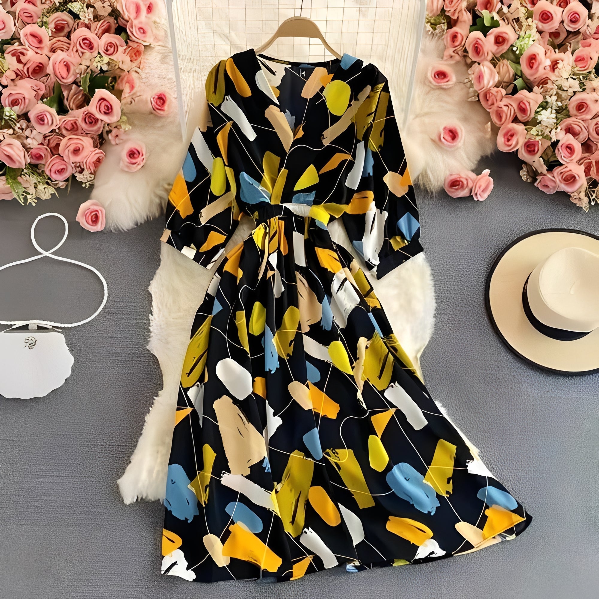 Women's Floral Chiffon Summer Dress - V-Neck, Puff Sleeves, Lightweight & Breathable