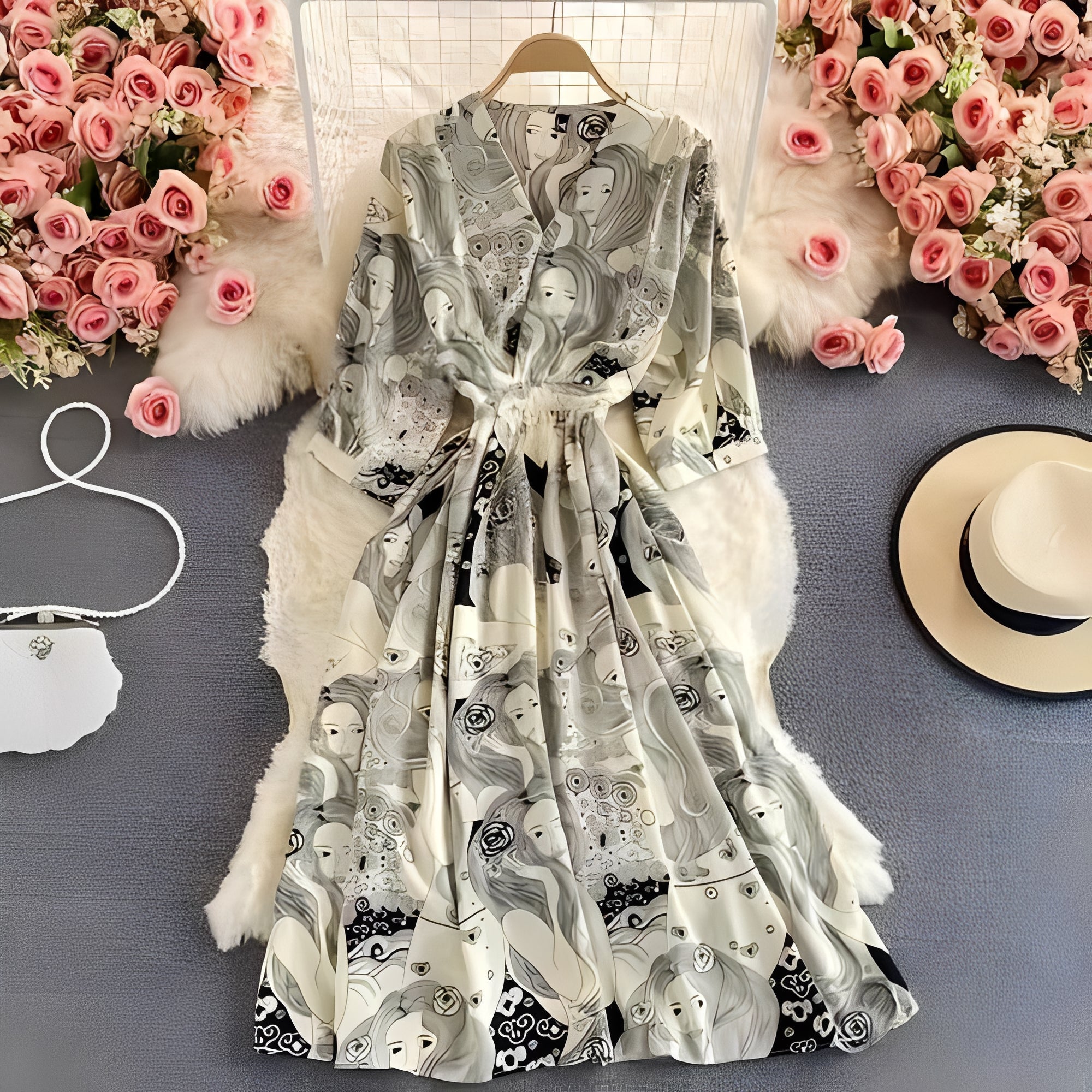 Women's Floral Chiffon Summer Dress - V-Neck, Puff Sleeves, Lightweight & Breathable