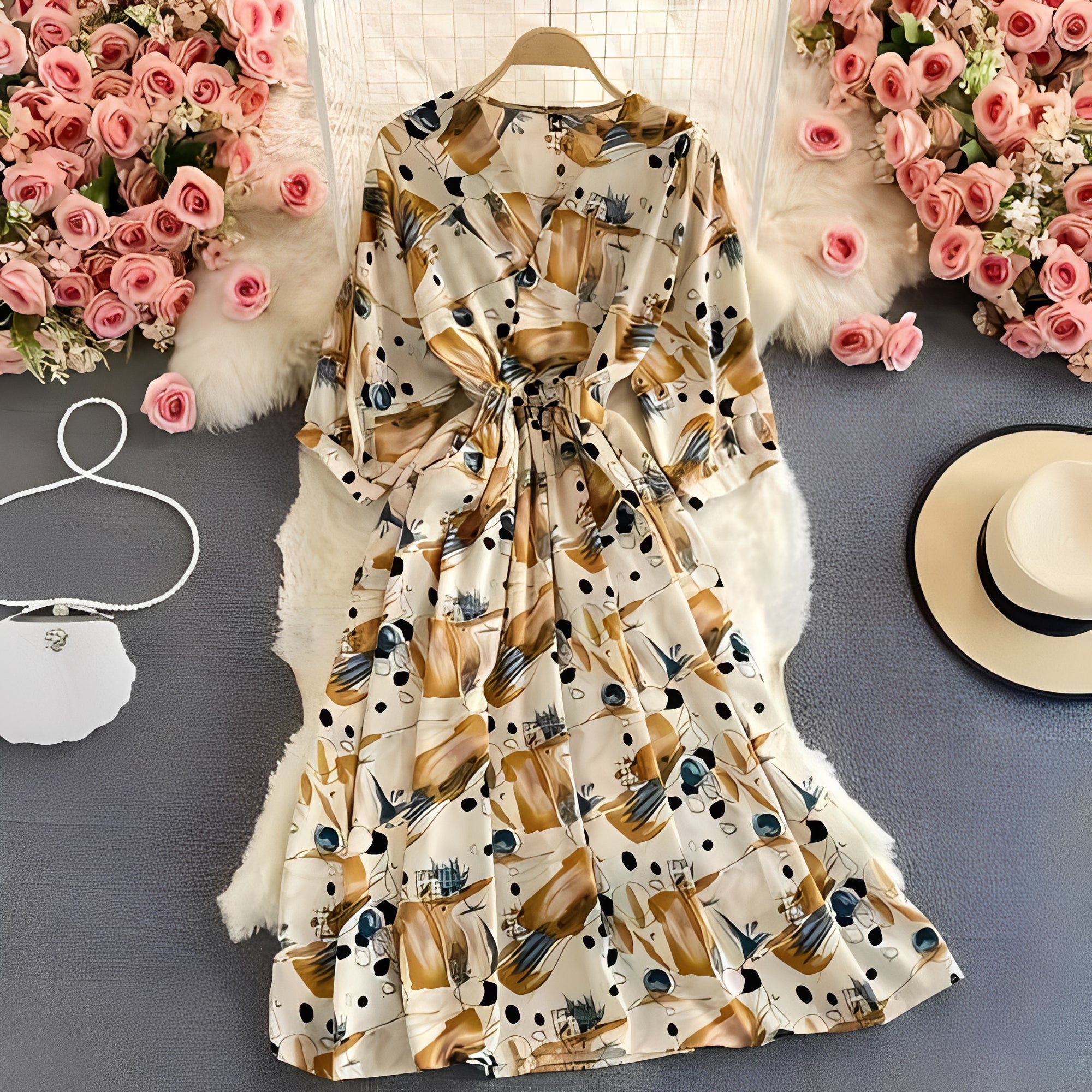 Women's Floral Chiffon Summer Dress - V-Neck, Puff Sleeves, Lightweight & Breathable