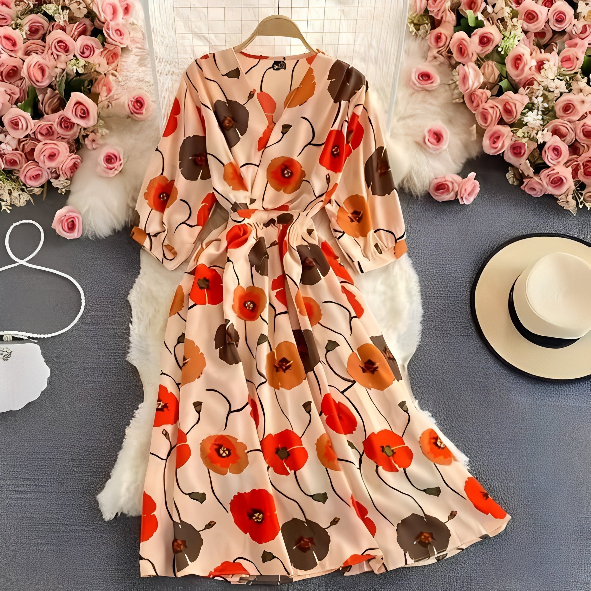 Women's Floral Chiffon Summer Dress - V-Neck, Puff Sleeves, Lightweight & Breathable