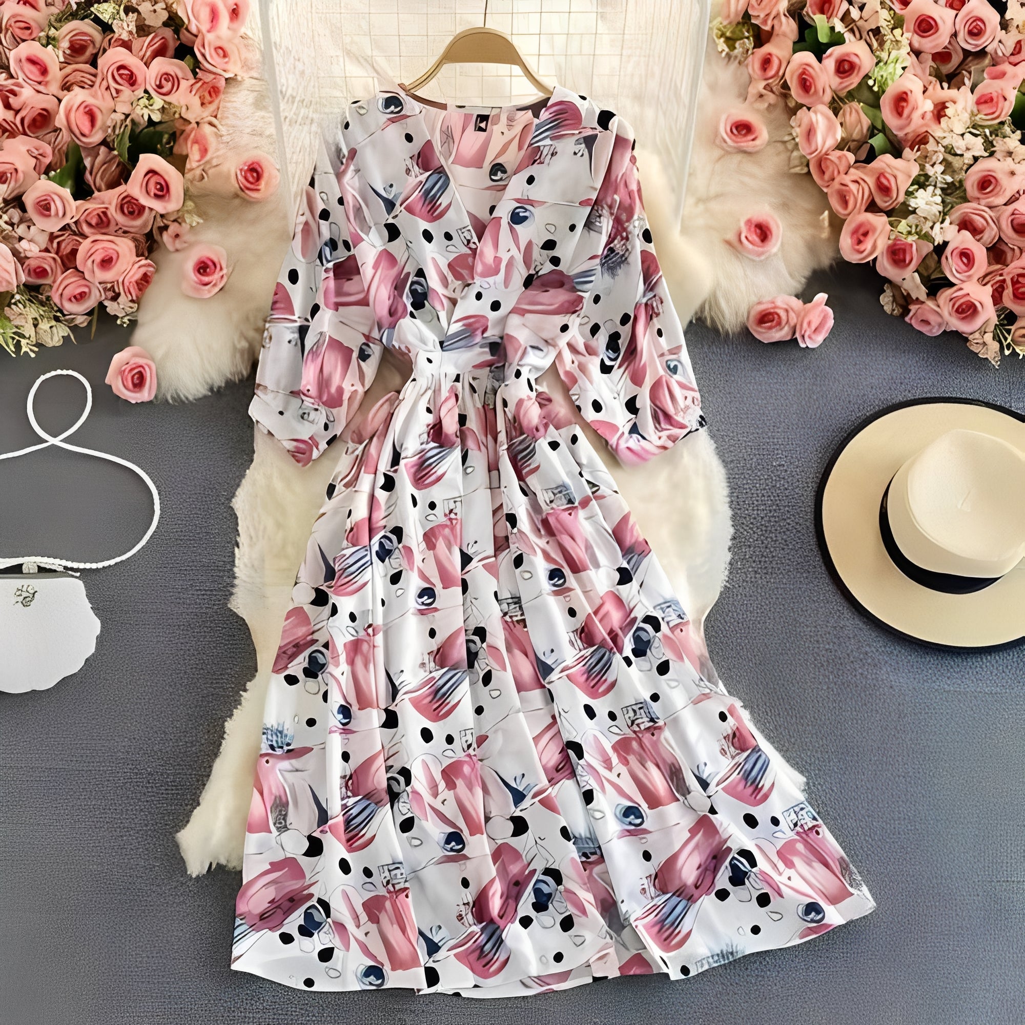 Women's Floral Chiffon Summer Dress - V-Neck, Puff Sleeves, Lightweight & Breathable