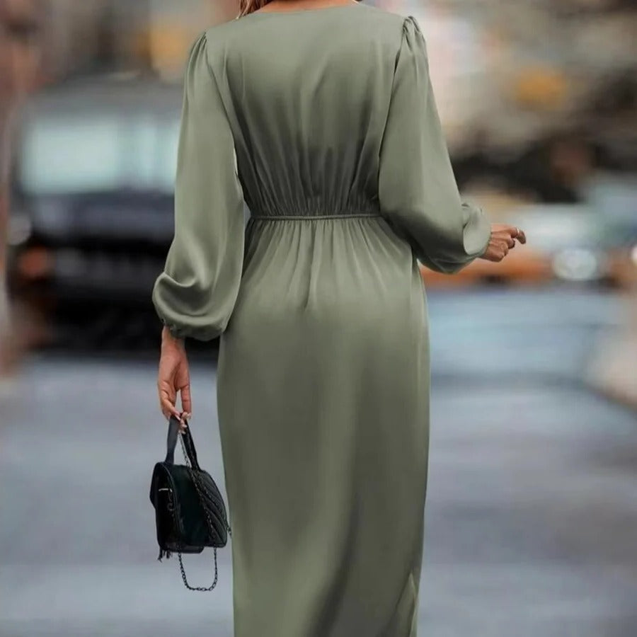 Women's Long Sleeve V-Neck Midi Dress - Stylish & Comfortable for Any Occasion