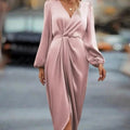Women's Long Sleeve V-Neck Midi Dress - Stylish & Comfortable for Any Occasion