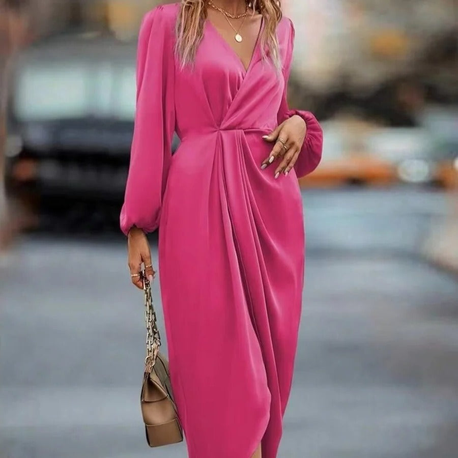 Women's Long Sleeve V-Neck Midi Dress - Stylish & Comfortable for Any Occasion