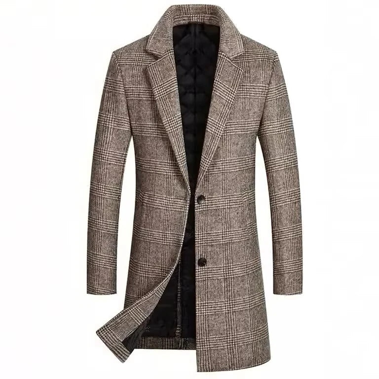 Men's Plaid Wool Coat with Cotton Padding & Stylish Lapel Collar - Warm Winter Outerwear