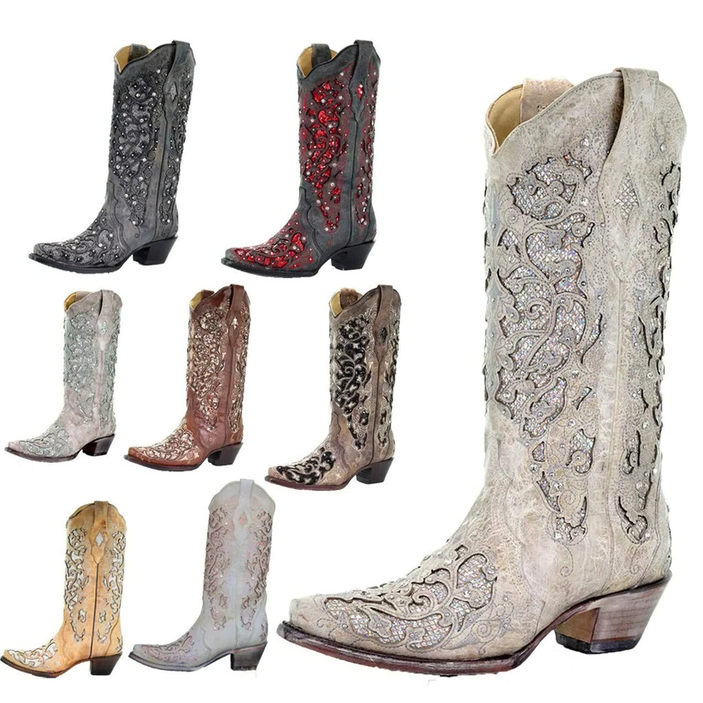 Stylish Sequined Embroidered Pointed Toe Boots with Trendy Color Block Heel Design