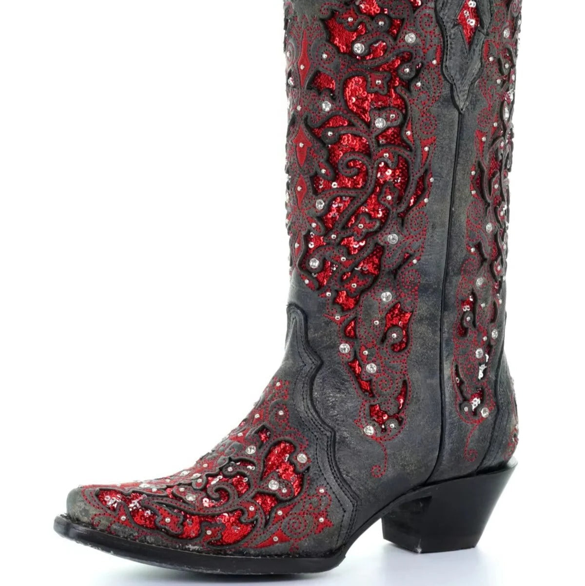 Stylish Sequined Embroidered Pointed Toe Boots with Trendy Color Block Heel Design