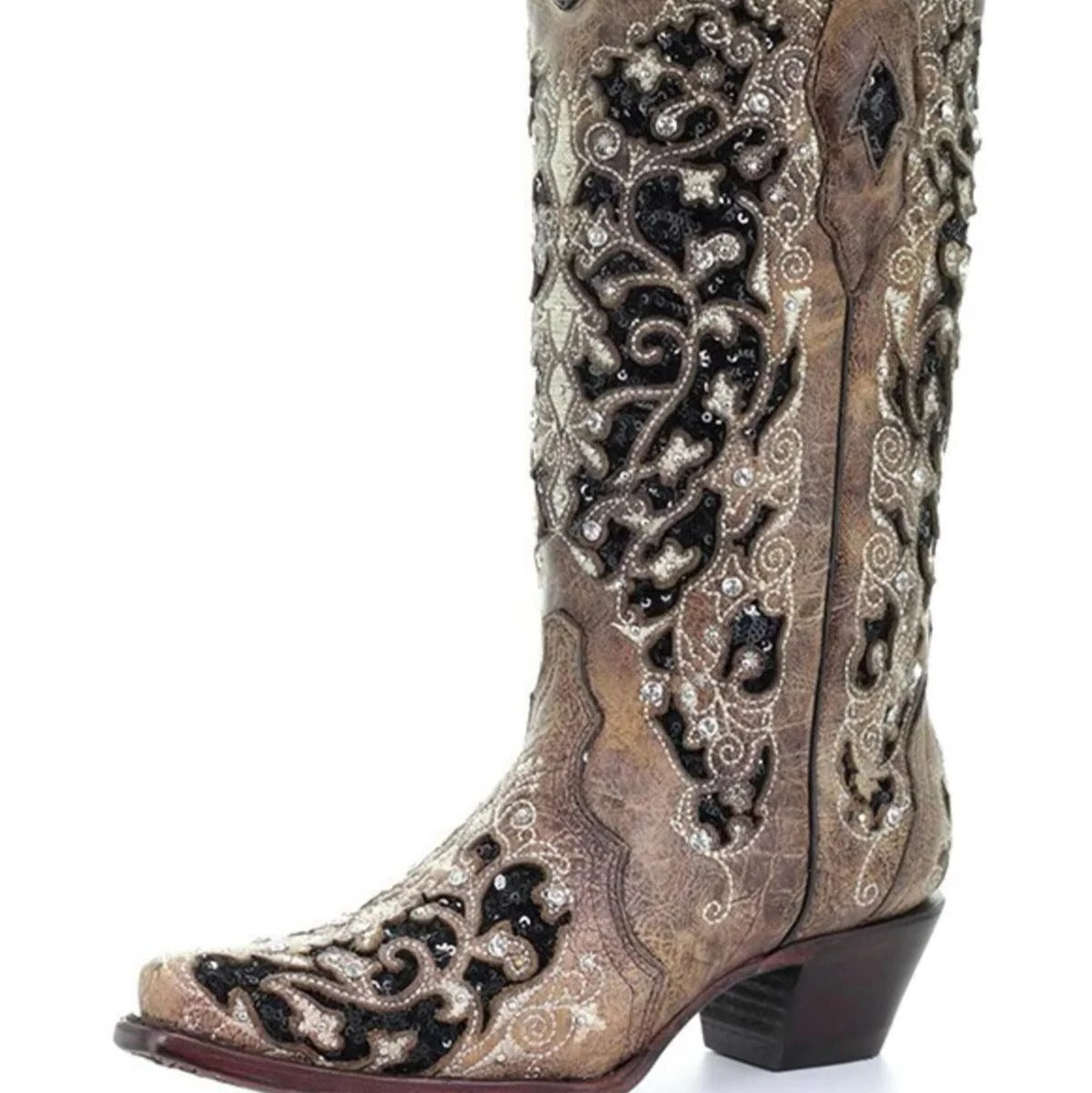 Stylish Sequined Embroidered Pointed Toe Boots with Trendy Color Block Heel Design