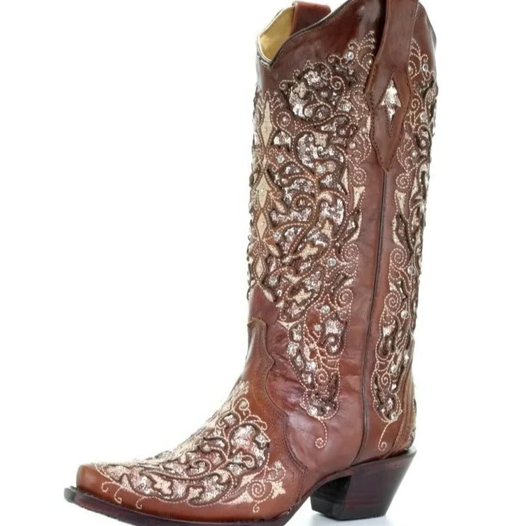 Stylish Sequined Embroidered Pointed Toe Boots with Trendy Color Block Heel Design