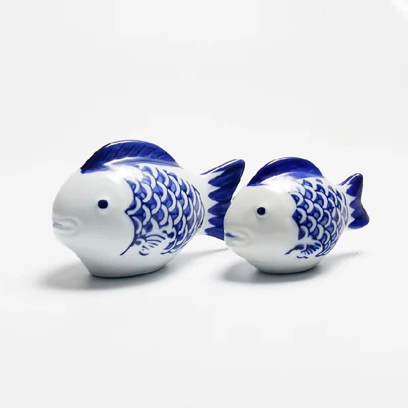 Elegant Blue and White Porcelain Koi Fish Desktop Ornament - Decorative Home Accent