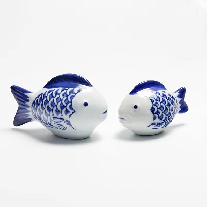 Elegant Blue and White Porcelain Koi Fish Desktop Ornament - Decorative Home Accent