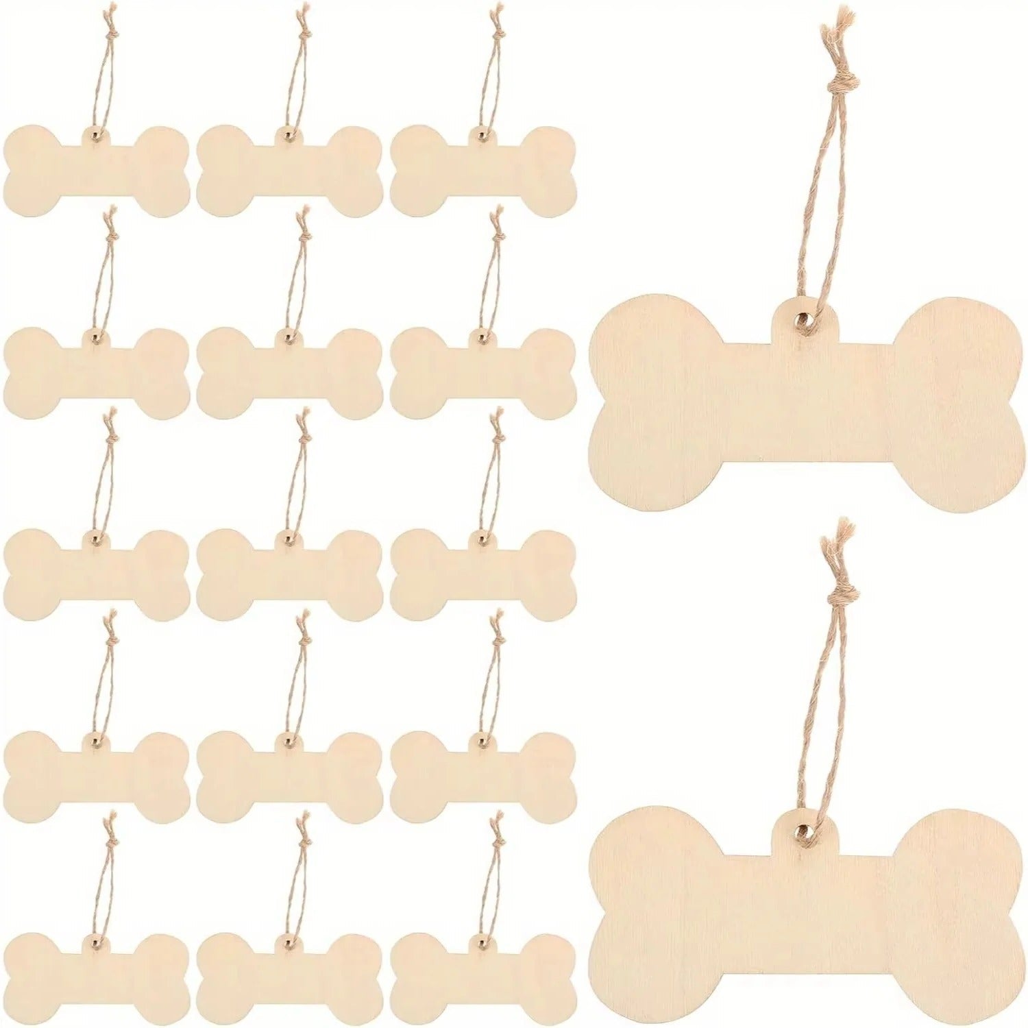 Wooden Dog Bone Craft Tags Set with Twine - Perfect for Pet Projects & Customization