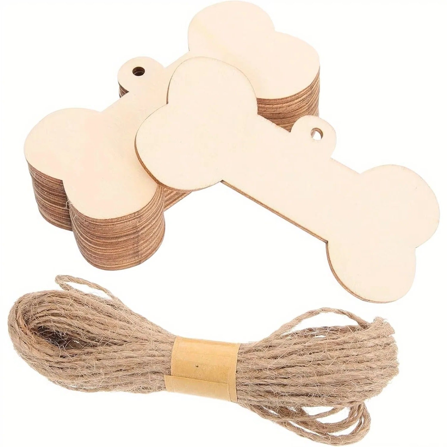 Wooden Dog Bone Craft Tags Set with Twine - Perfect for Pet Projects & Customization
