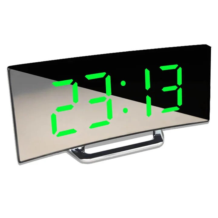 Modern Digital Alarm Clock with Curved LED Mirror Display - Sleek Design & Easy-to-Read Time
