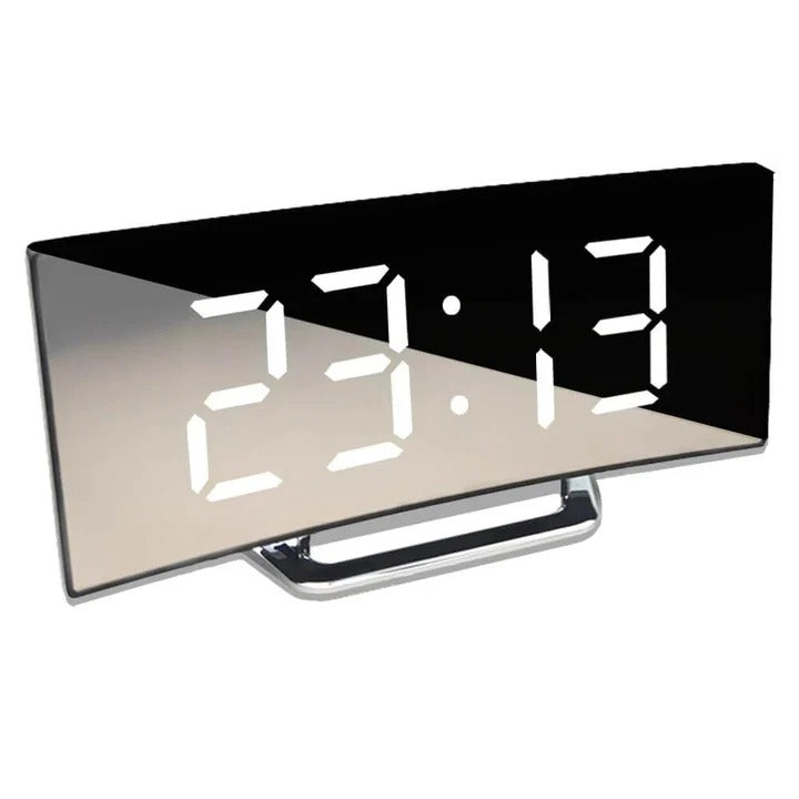 Modern Digital Alarm Clock with Curved LED Mirror Display - Sleek Design & Easy-to-Read Time