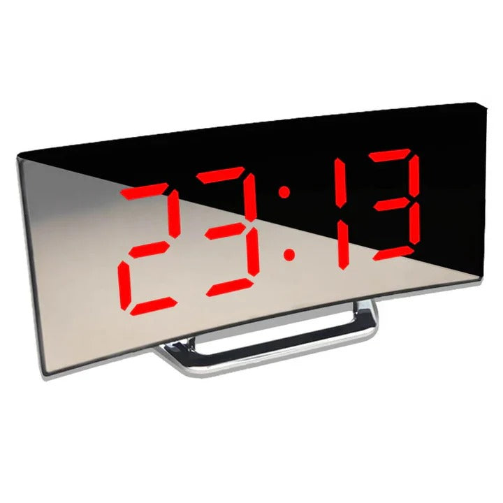 Modern Digital Alarm Clock with Curved LED Mirror Display - Sleek Design & Easy-to-Read Time