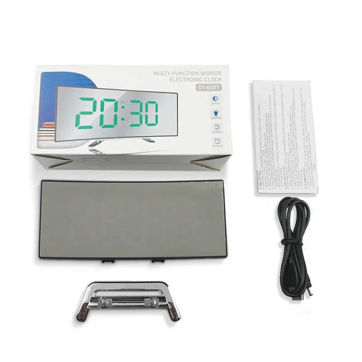 Modern Digital Alarm Clock with Curved LED Mirror Display - Sleek Design & Easy-to-Read Time