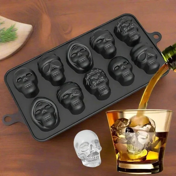 Skull Ice Cube Tray - Silicone Mold with 10 Cavities for Themed Drinks & Halloween Parties