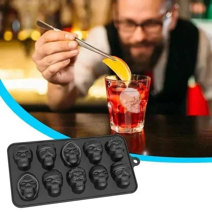 Skull Ice Cube Tray - Silicone Mold with 10 Cavities for Themed Drinks & Halloween Parties