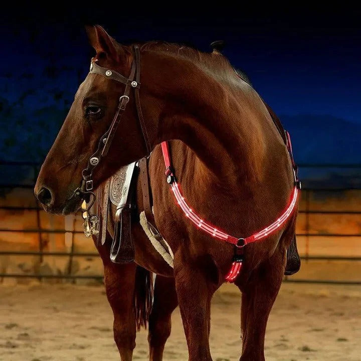LED Light-Up Horse Breast Collar - Adjustable & Durable Equine Gear for Night Riding & Visibility