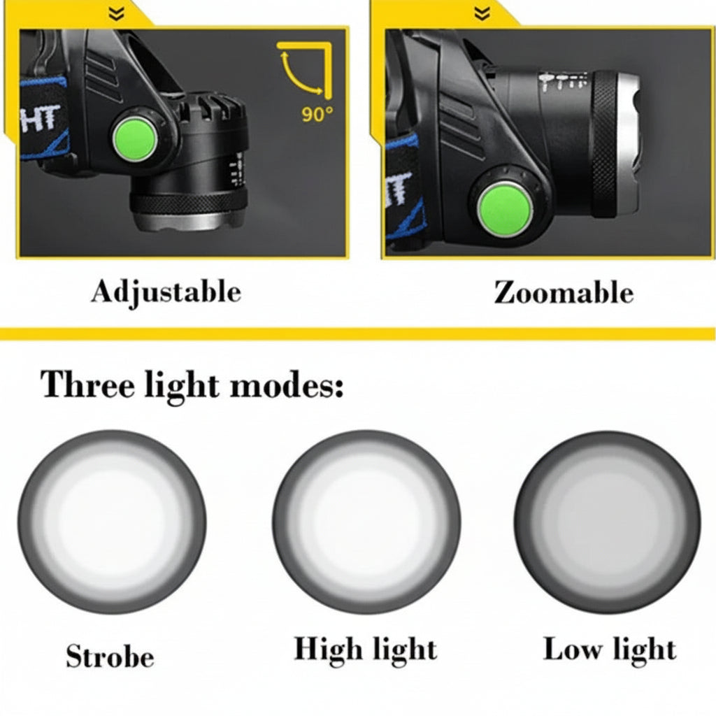 USB Rechargeable LED Headlamp - Hands-Free, Bright & Lightweight for Outdoor Activities, Camping, and Emergency Use