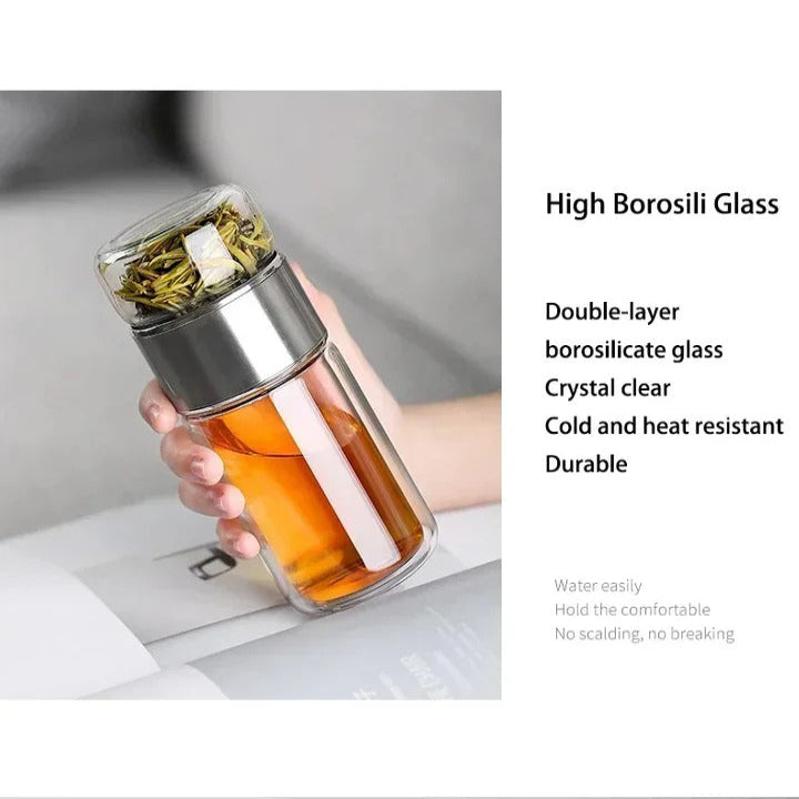 Premium Double Wall Borosilicate Glass Tea Infuser Bottle - 430ml | Heat-Resistant, Stylish & Durable for Hot & Cold Beverages