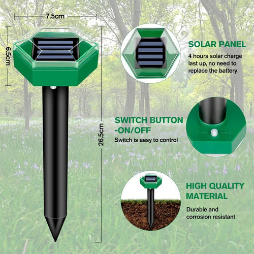 4-Pack Solar Powered Ultrasonic Mole Repellers - Eco-Friendly Pest Control for Gardens & Lawns
