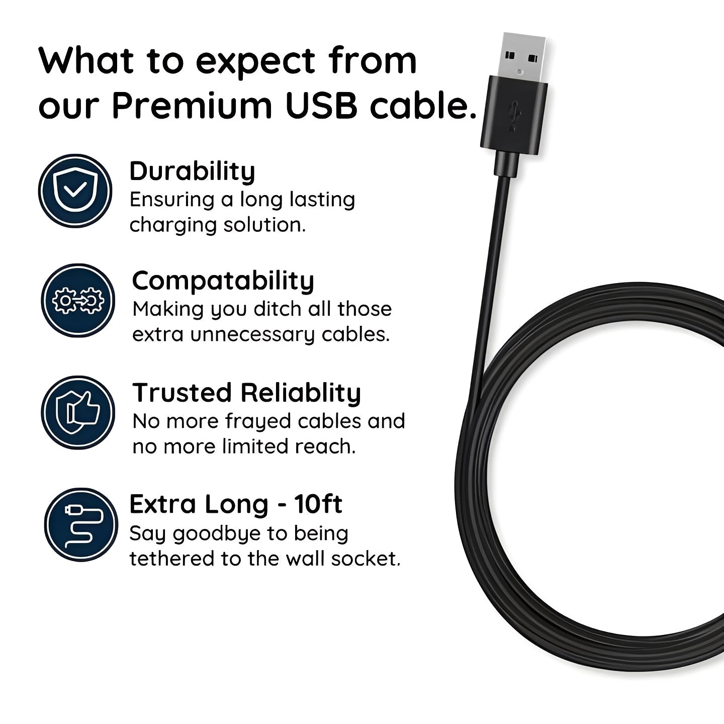 10 Ft Micro USB Charging Cable - Durable, Fast Charging & Data Sync Cable for Smartphones, Tablets, and More